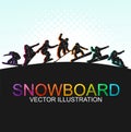 Snowboard, snowboarders, snowboarding extreme winter sport people silhouettes vector illustration, riding a board, tricks men Royalty Free Stock Photo